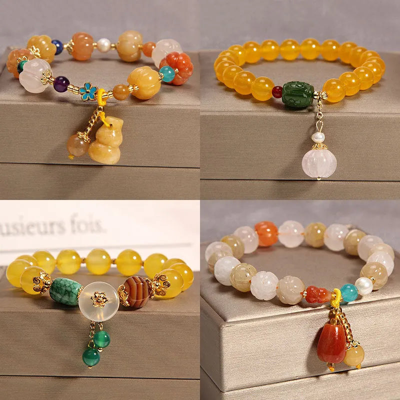 Women's yellow agate crystal bracelet with gold tone accents and khaki silk thread in Japanese Korean style