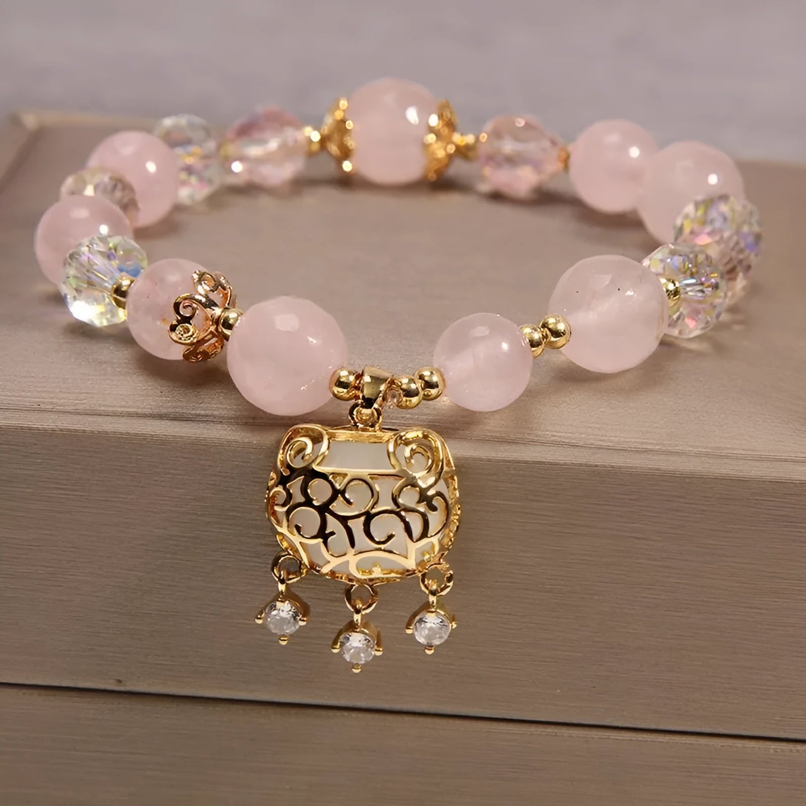 Women's yellow agate crystal bracelet with gold tone accents and khaki silk thread in Japanese Korean style