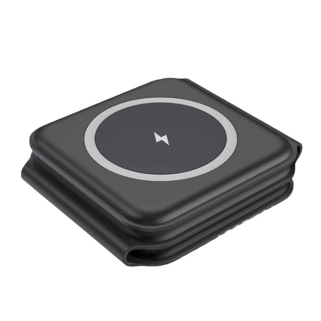 3 In 1 Magnetic Wireless Charging Folding Mobile Phone Holder in black, ABS silicone construction, foldable design