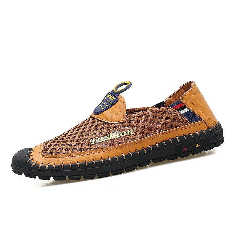 Men's brown breathable mesh casual slip-on shoes with a round toe and rubber sole on a white background.