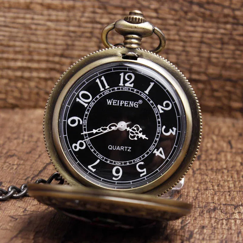 Classical retro plus-sized ceramic skull pocket watch with antique bronze alloy case and 37.5cm chain