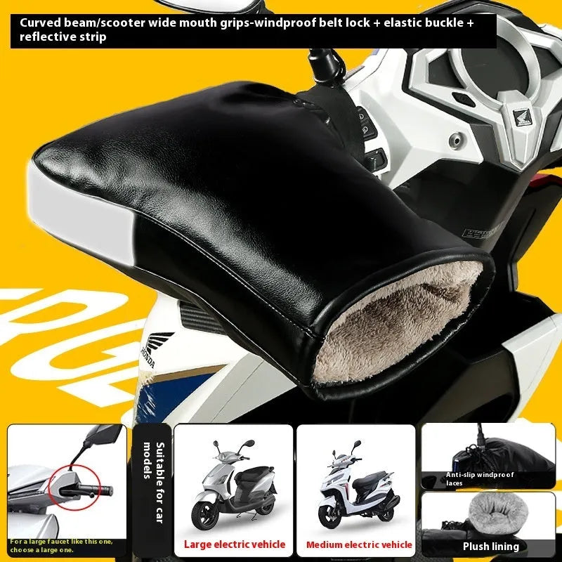 Electric motorcycle winter thermal waterproof handle grip gloves with fleece lining in gray reflective stripe style