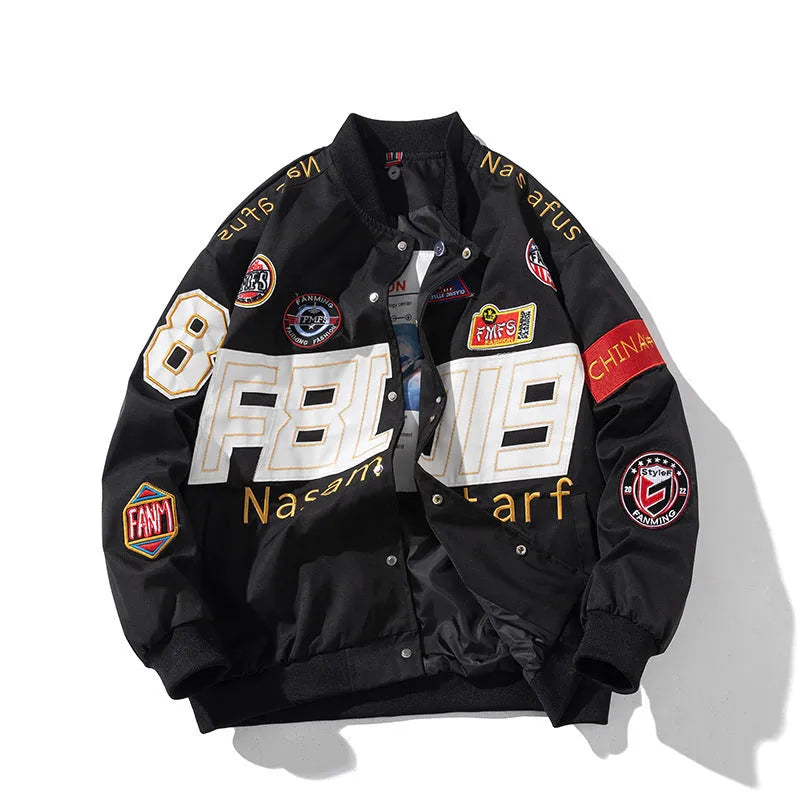 Men's thick motorcycle jacket racing suit with embroidered baseball design in black, blue, and red colours