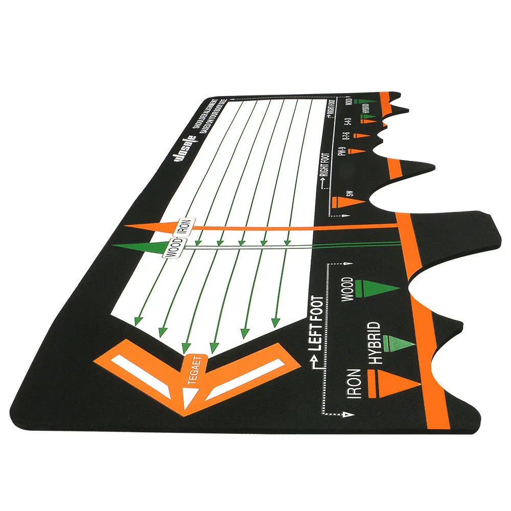 Black neoprene golf swing posture correction mat for stance alignment practice.
