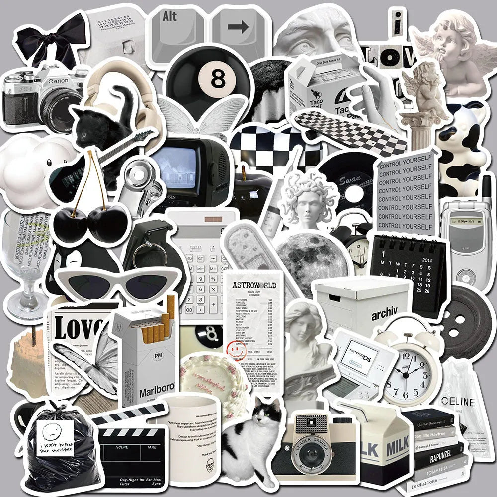 Black and white PVC waterproof sticker set with 61 pieces for multiple surfaces