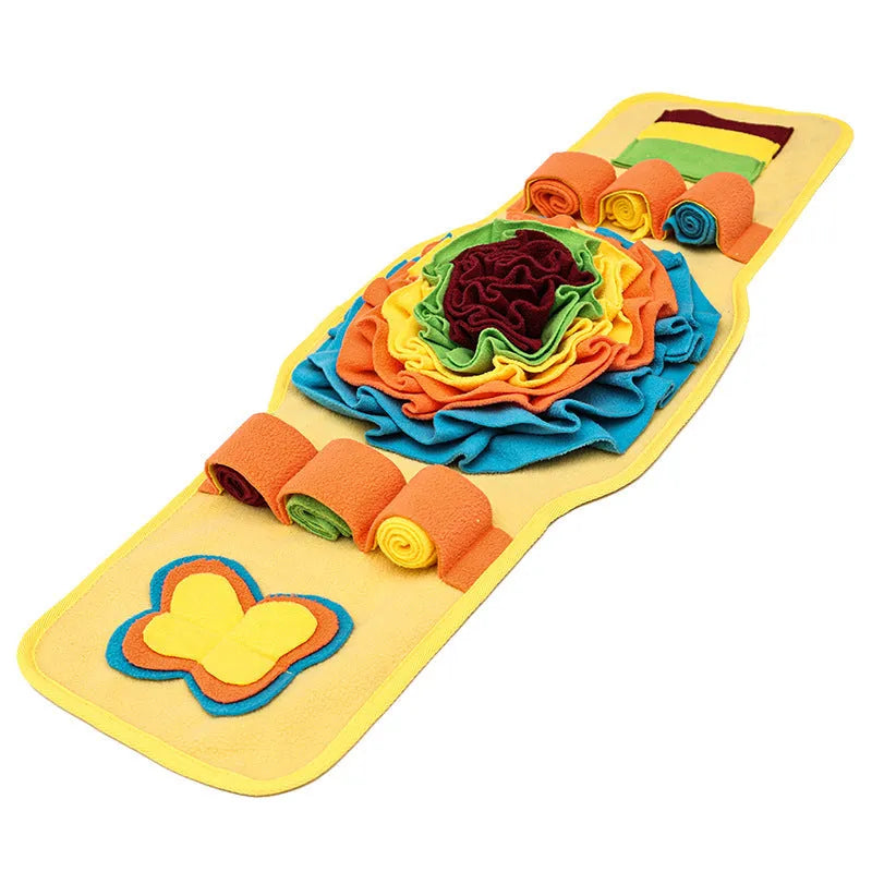 Watch-style dog training mat in blue and yellow, anti-slip base for slow feeding and nosework