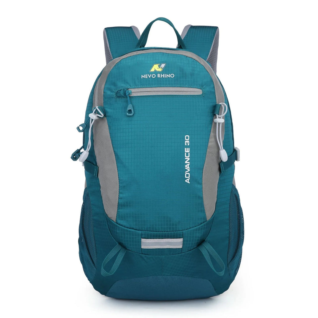 30L nylon waterproof backpack in dark green with airpillow straps on outdoor trail