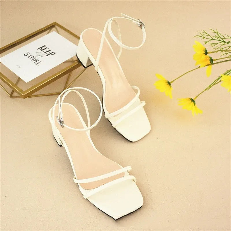 Beige women's sandals with a stiletto chunky heel, square toe, and an ankle buckle strap.