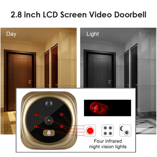 Gold 2.8 inch video doorbell with infrared night vision lens and LCD screen