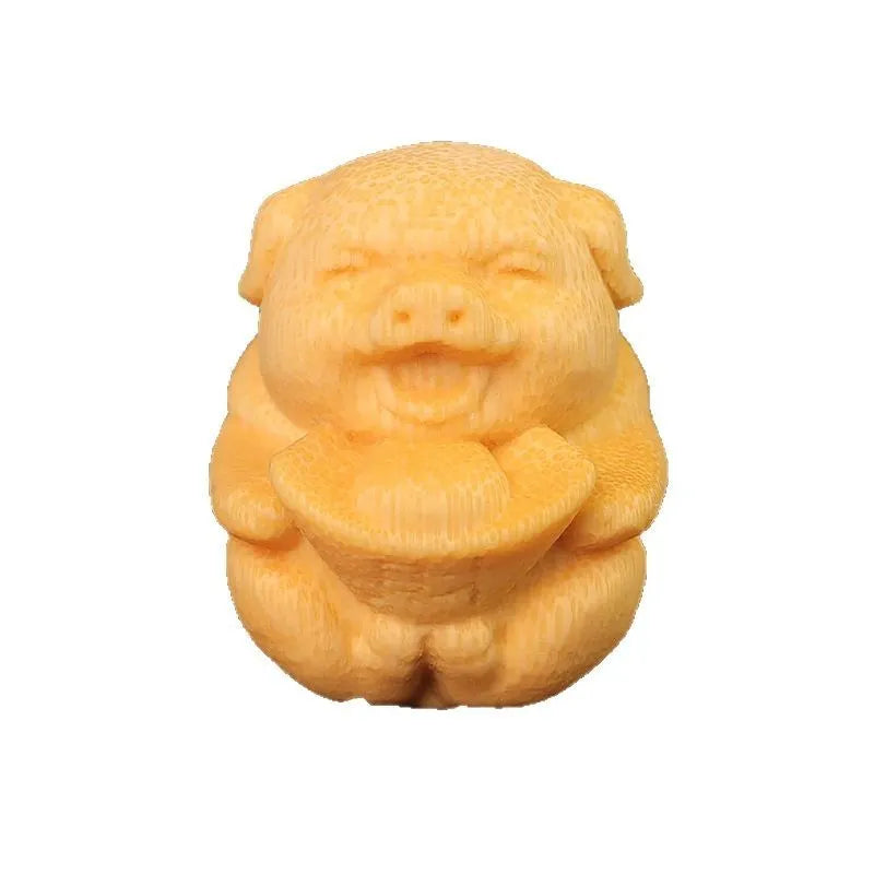 Handcrafted solid bamboo pig carving ornament with 4cm height and 3.5cm diameter dimensions
