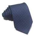 Close-up of a red, black, and blue striped jacquard polyester business tie with an arrow style shape.