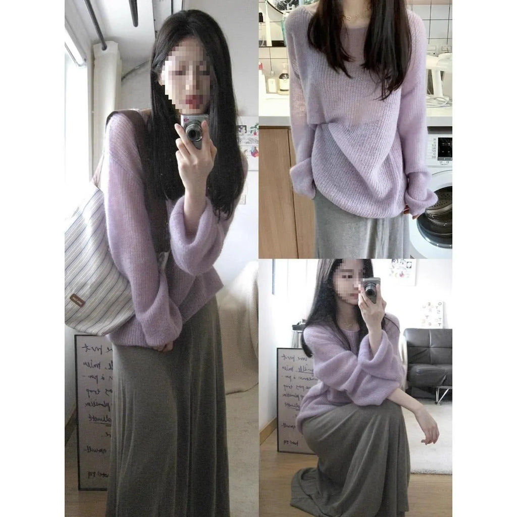 Purple women's round neck blouse with hollow-out detail and princess sleeves on a hanger.
