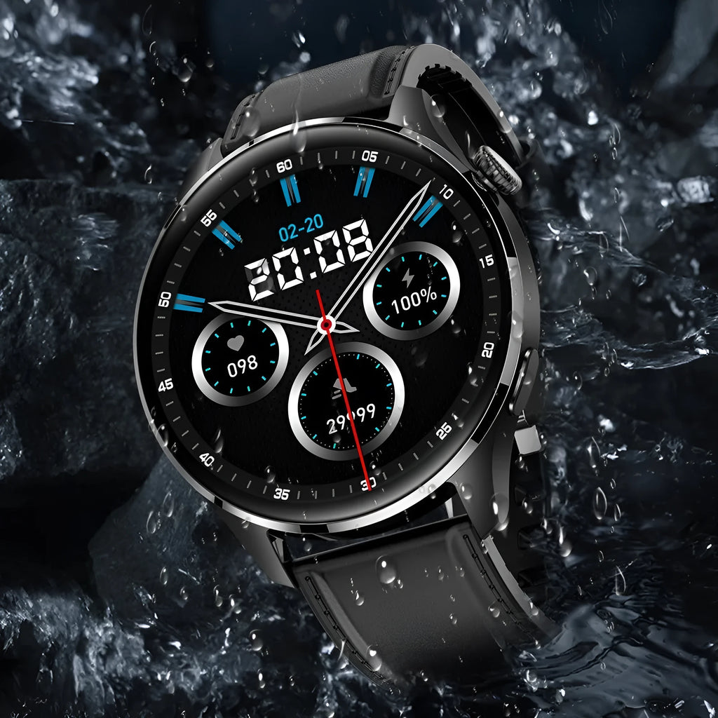 Smart watch with round IPS screen showing interface, zinc alloy case, and black silicone strap
