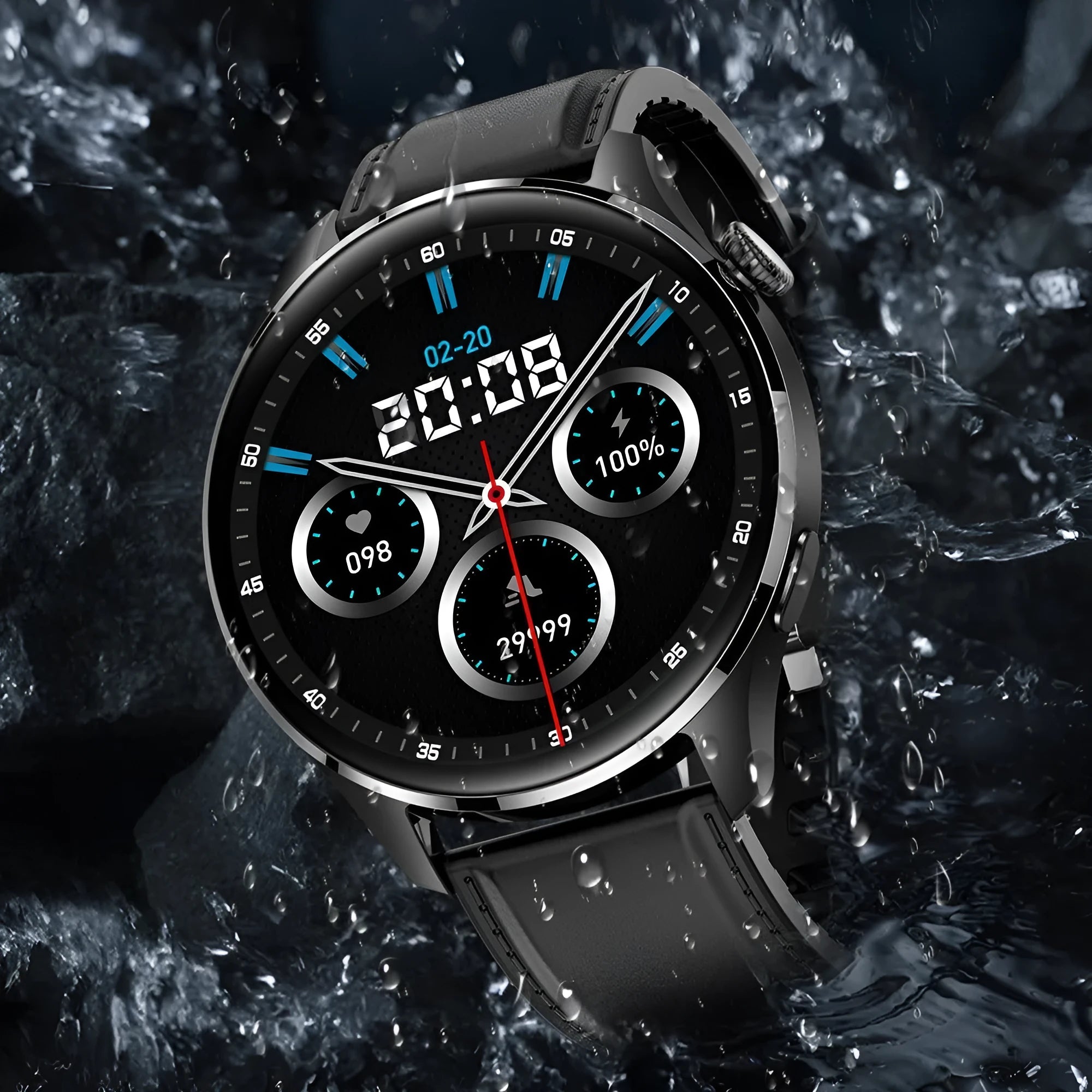 Smart watch with round IPS screen showing interface, zinc alloy case, and black silicone strap