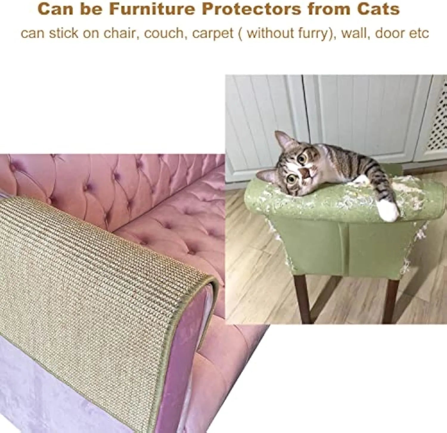 Natural sisal cat scratch pad with adhesive hook and loop tape for indoor cats, 23.6x15.7 inch standard size