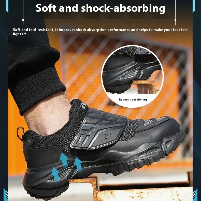 Black steel toe anti-puncture safety work boots with felt buckle and woven fabric upper.