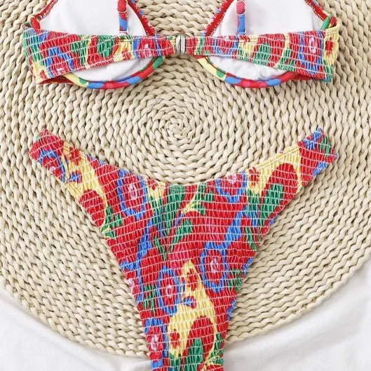 Red floral underwire bikini set with triangle top and briefs bottoms for women's swimming