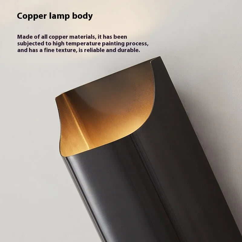Minimalist modern copper wall lamp in black gold and natural finishes, large and small sizes.