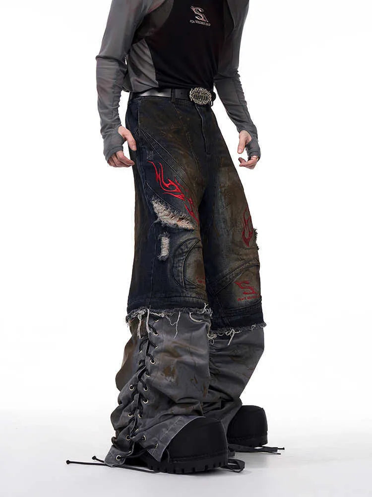 Men's retro jeans with detachable trouser legs showing mid-high waist and wide leg design