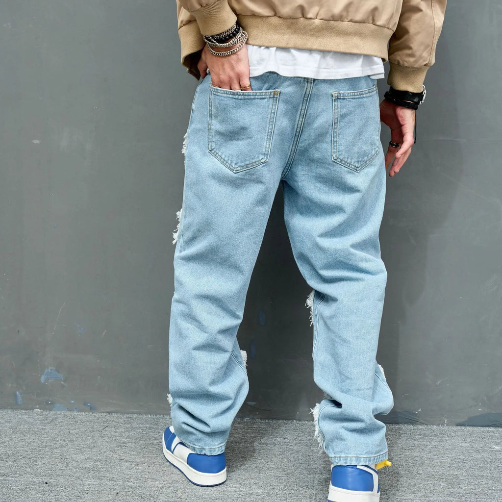 Men's worn stretch slim fit jeans in Denim Blue, cotton denim, mid waist, zipper fly, sizes 28-38