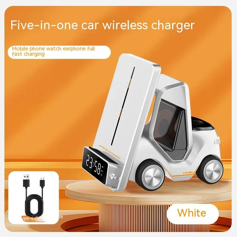 Grey, white, yellow, and orange coloured 15W three-in-one wireless fast charging stand for mobile phones.