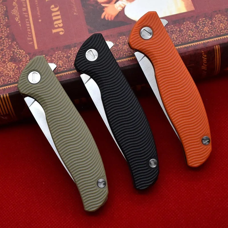Outdoor folding knife with 9.6cm D2 steel blade and black nylon glass fibre handle