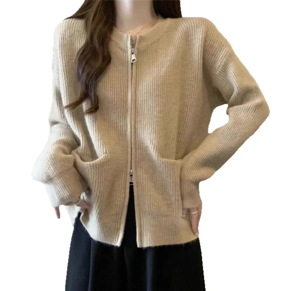 Soft viscose knit sweater coat cardigan with long sleeves in beige, grey, black, or khaki.