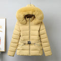 Women's brushed lining slim-fit cotton-padded coat in beige with detachable fur collar, front view