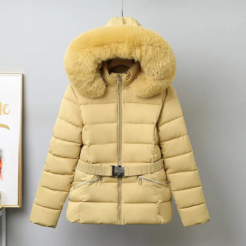 Women's brushed lining slim-fit cotton-padded coat in beige with detachable fur collar, front view