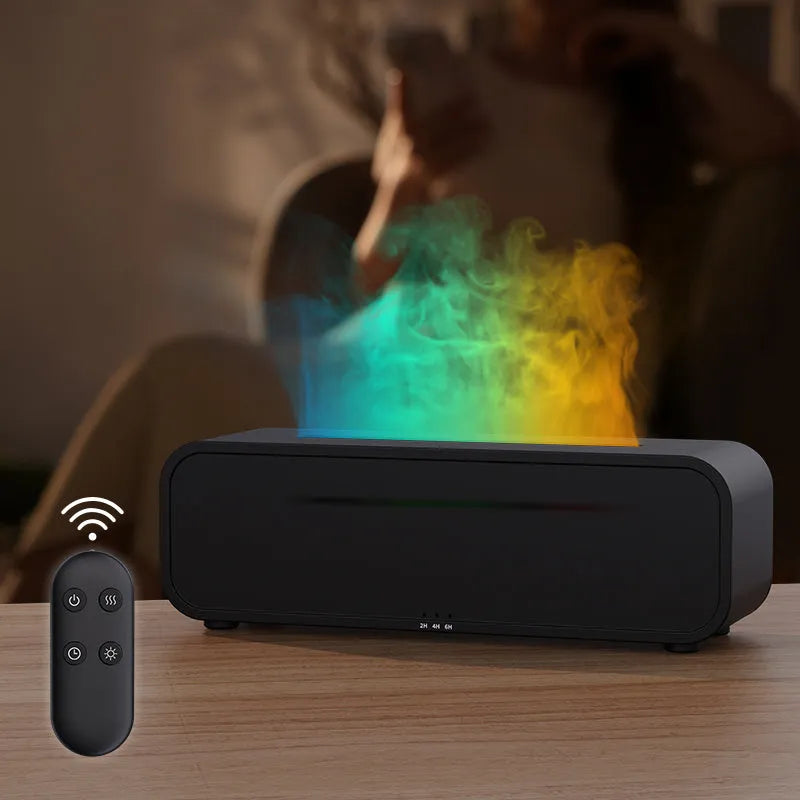 Black Flame Dynamic aroma diffuser with flickering light effect and remote control on a table.
