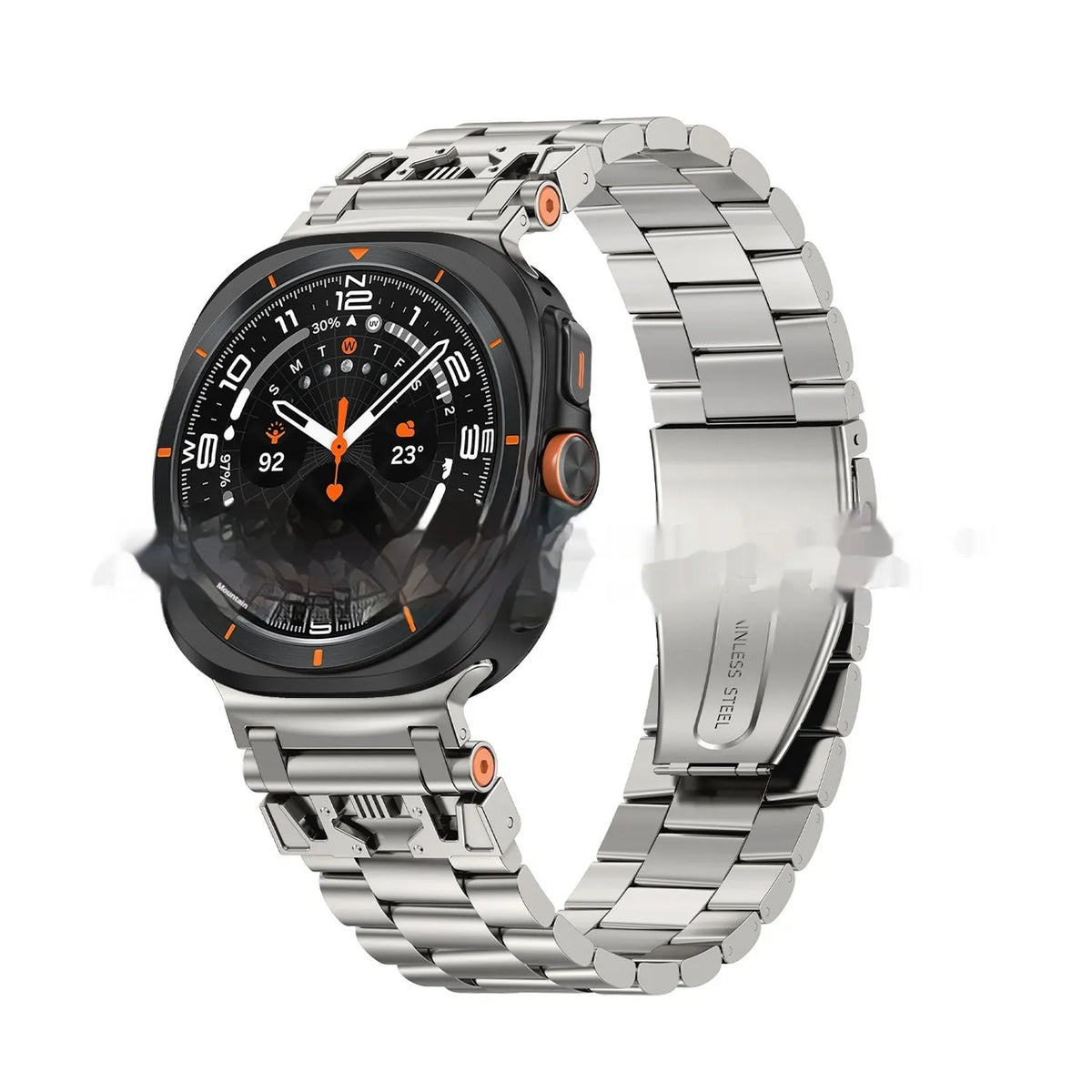 Three steel band armor metal watch strap for Samsung in Black, Silver, and Starlight colours