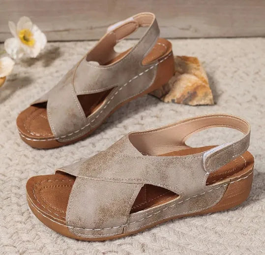 Roman style platform sandals with skirt detail and Velcro strap in khaki colour
