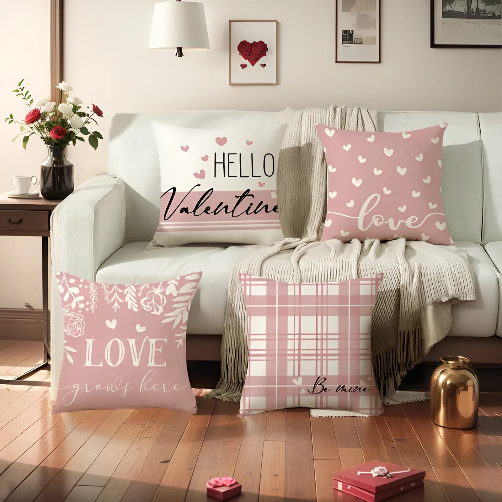 Red and white plaid heart print on a square 45cm Valentine's Day pillow cover