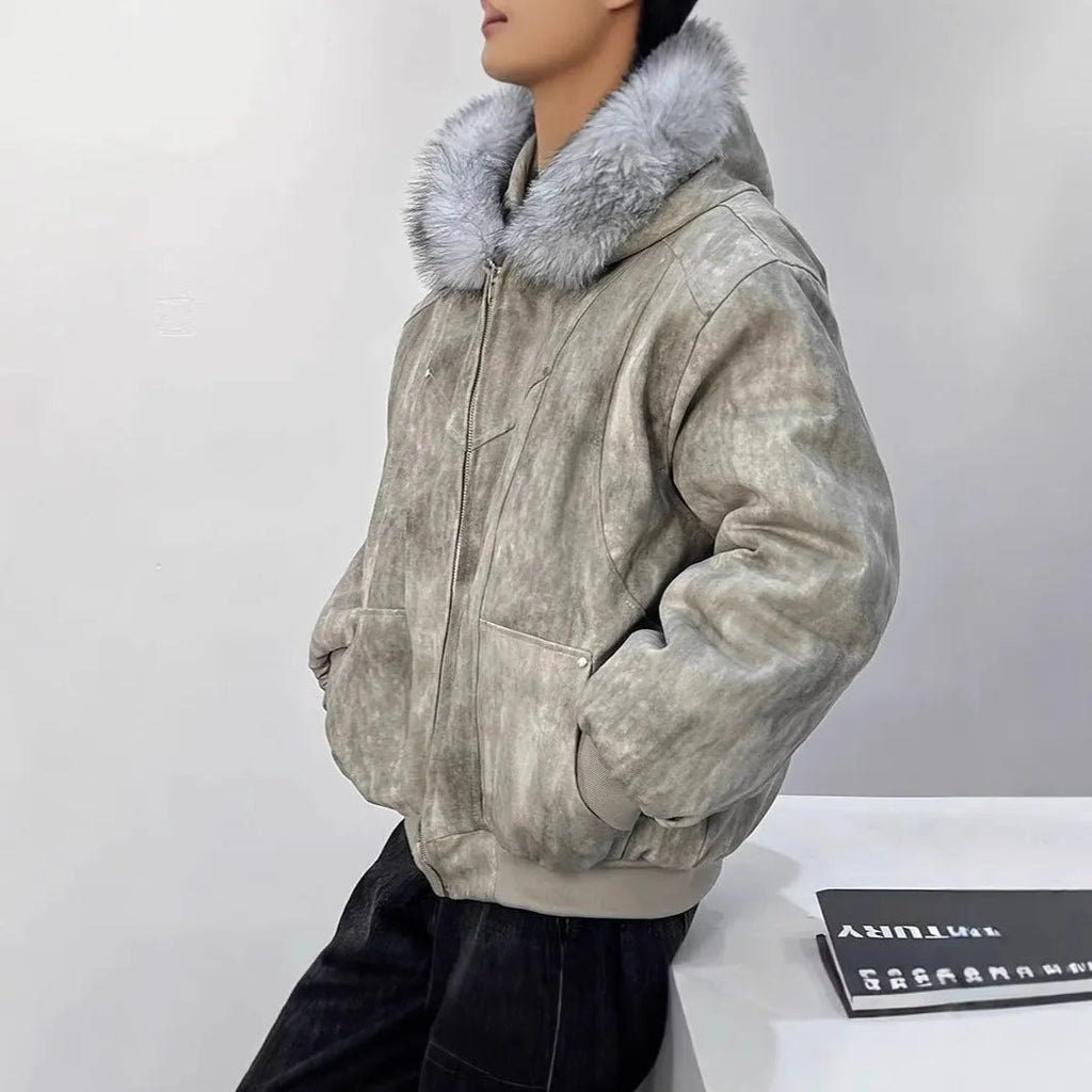 Men's hooded cotton-padded coat with large fur collar in black, short length, polyester fill