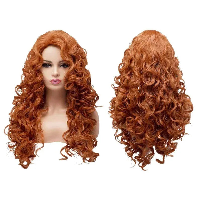 Long brown curly wig with instant noodles-style texture on wig head
