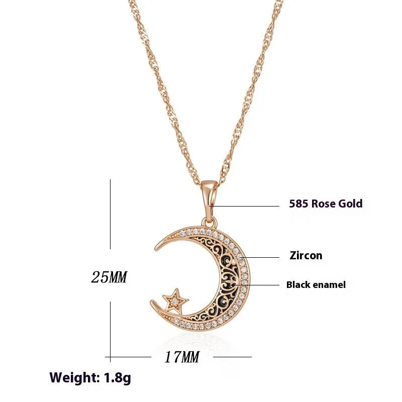 Rose gold necklace with star moon zircon pendant on water wave chain