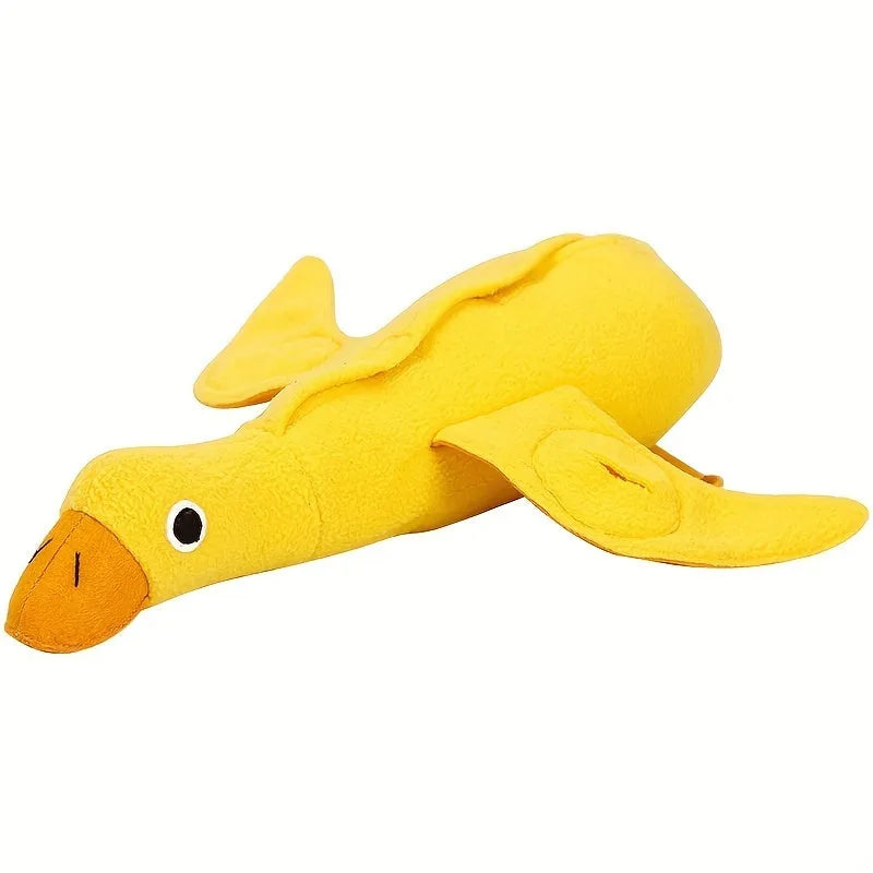 Yellow teddy dog toy with duck attachment and sound module for training and teeth stimulation