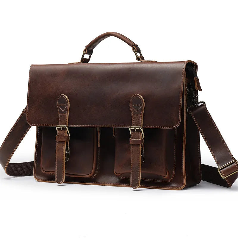 Top cowhide leather computer crossbody bag in black coffee colour with anti-theft expansion