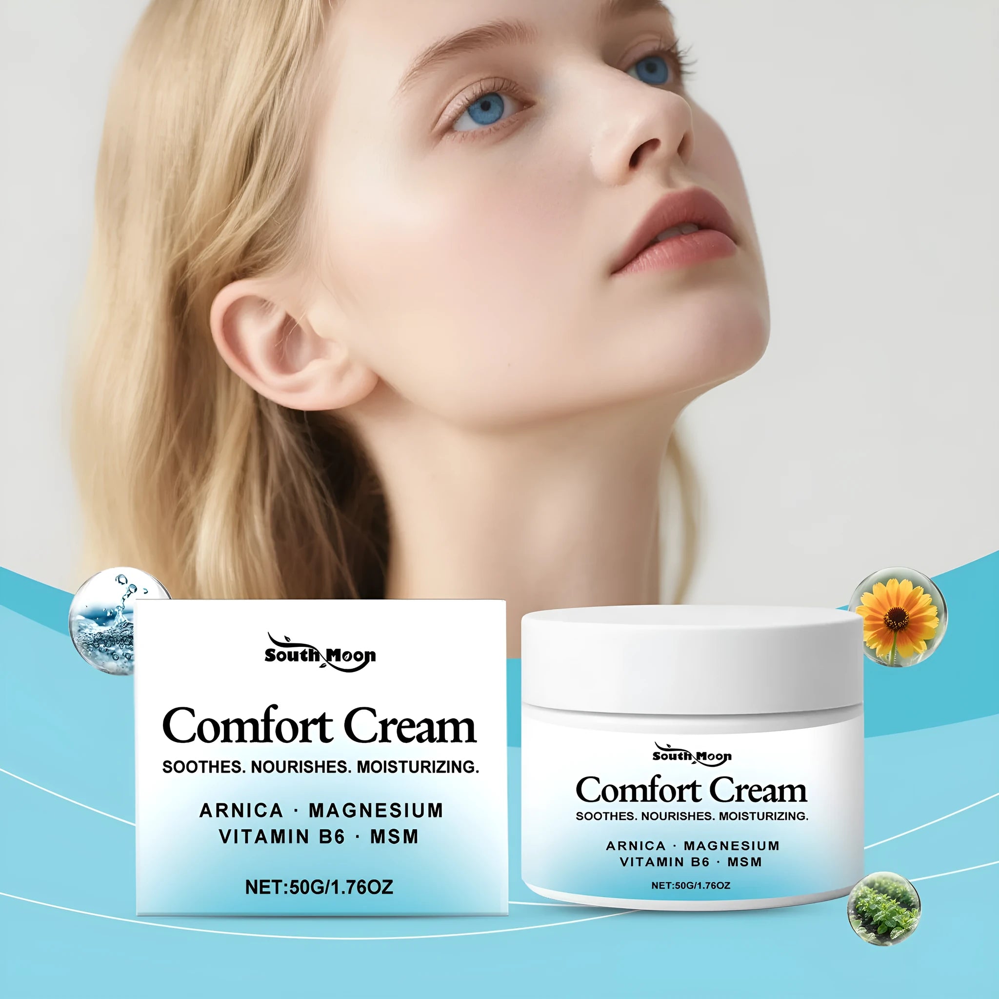 50g moisturising cream jar with Shanjinchehua, Pyridoxine and Menthol ingredients