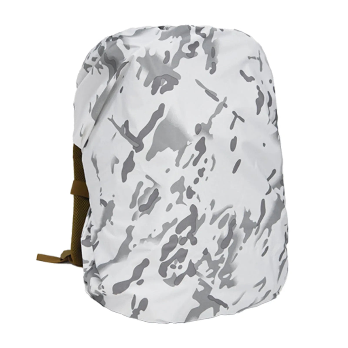 Waterproof PU backpack rain cover in army green, shown fitted over a large hiking rucksack.