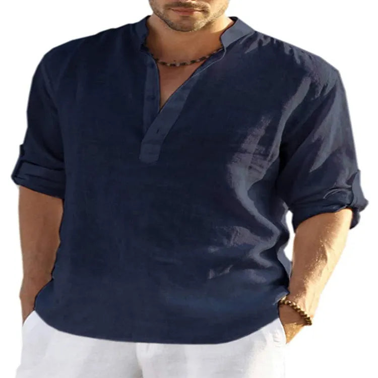 Men's solid colour long sleeve shirt with a stand collar, made from cotton and linen blend fabric