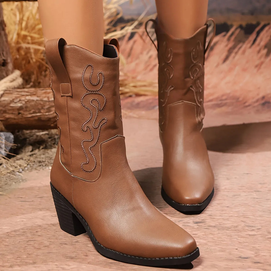 British style chunky heel mid-calf pointed toe plus size ankle boots in black and brown, PU upper, block heel