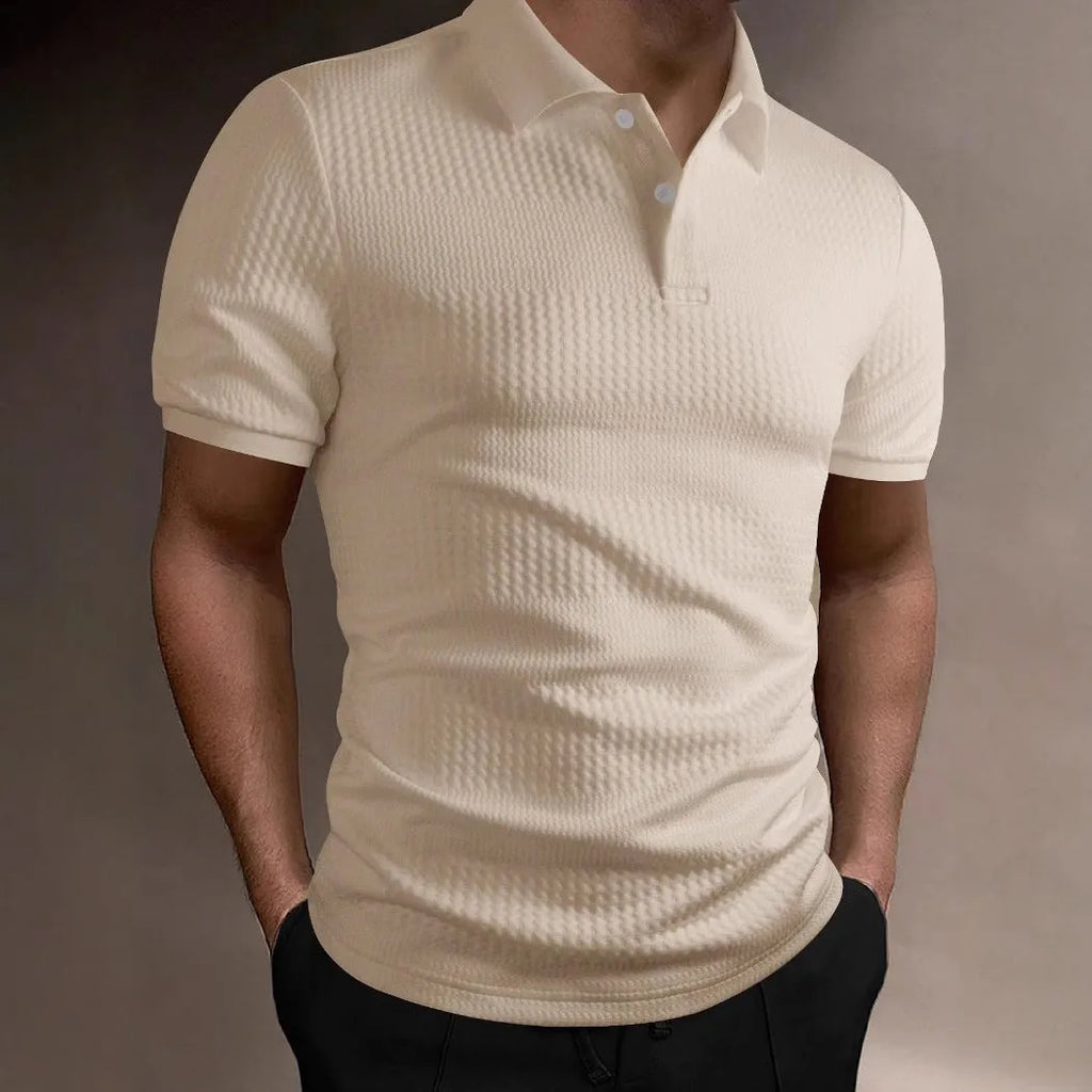 Men's striped polo shirt in light blue, loose fit, short sleeve, polyester blend fabric, summer casual top
