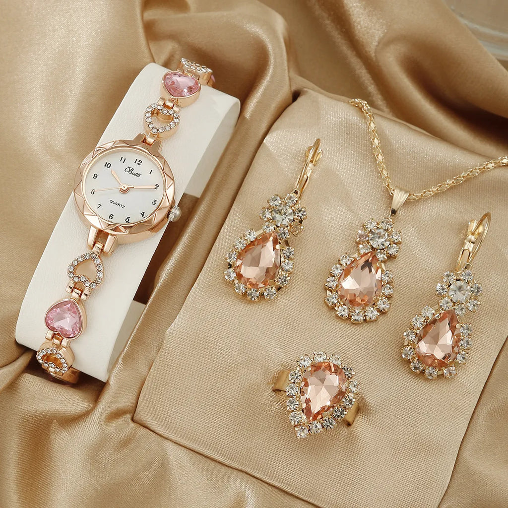 Women's simple disc quartz bracelet watch set with matching jewellery in pink, blue, purple options