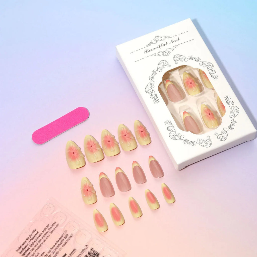 Simple fake nails with 3D cartoon flower designs, plastic wearable armour pieces, jelly glue and filing strip