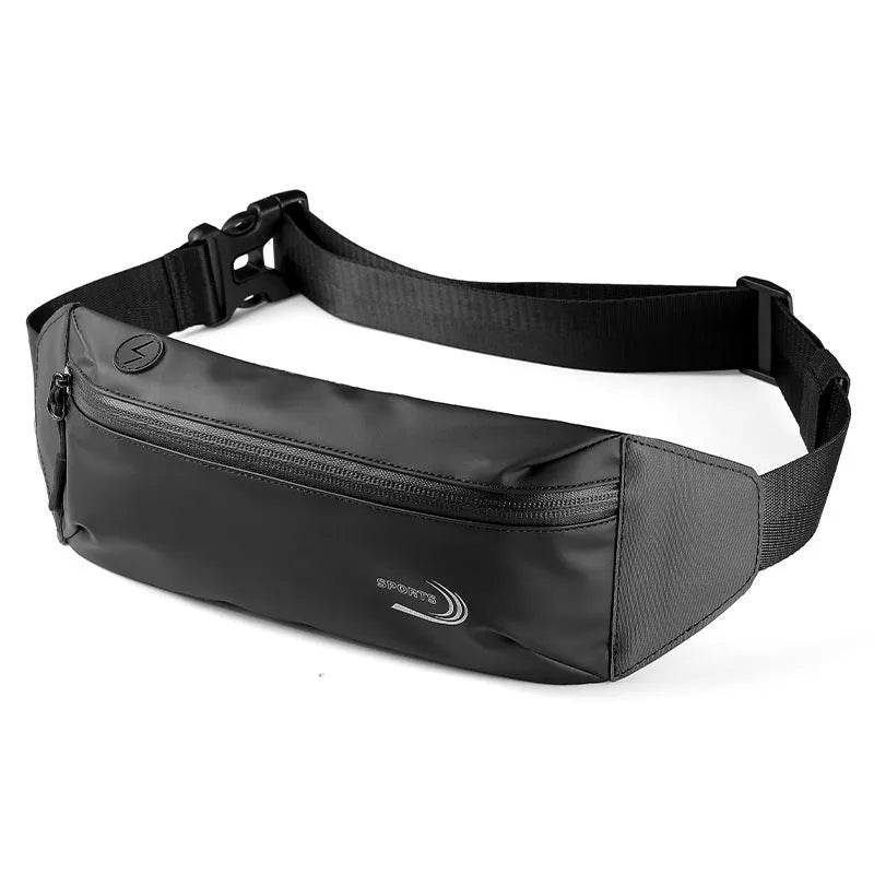 Men's waterproof waist bag in black, blue, and grey colours with 45cm by 10cm by 3cm dimensions