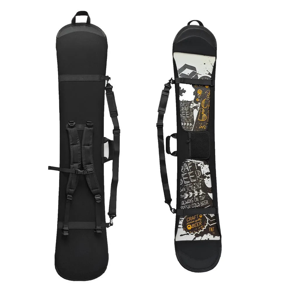 Black 138cm double shoulder ski board bag with Velcro fastening and veneer finish