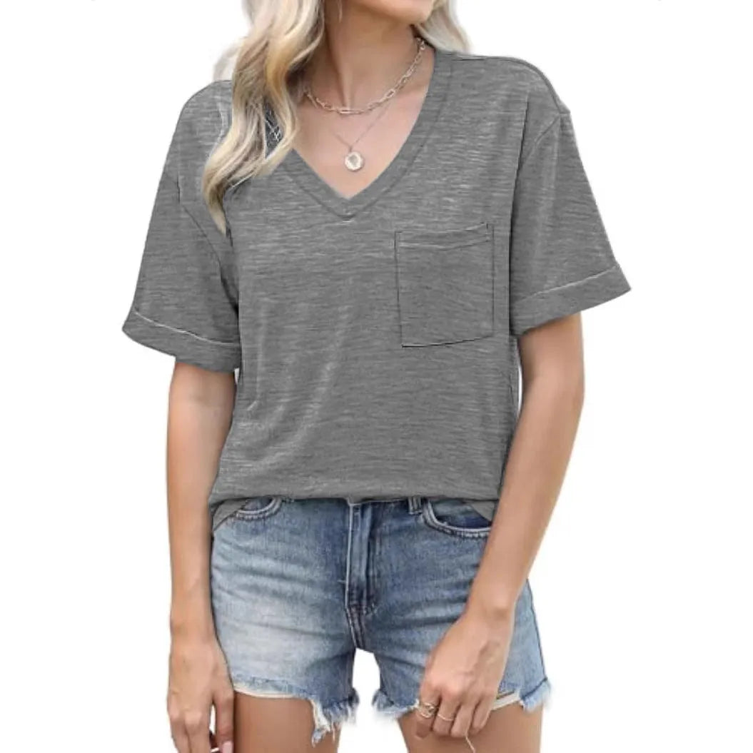 Grey loose V-neck t-shirt with pocket and short sleeves laid flat