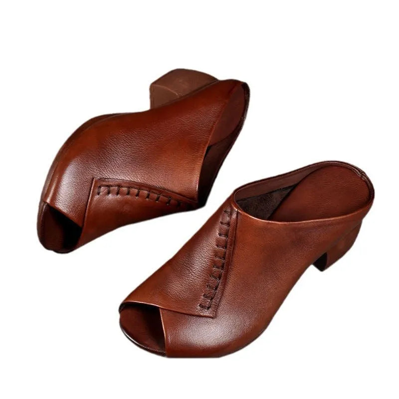 Women's black square heel peep-toe slitters with artificial PU upper and rubber sole
