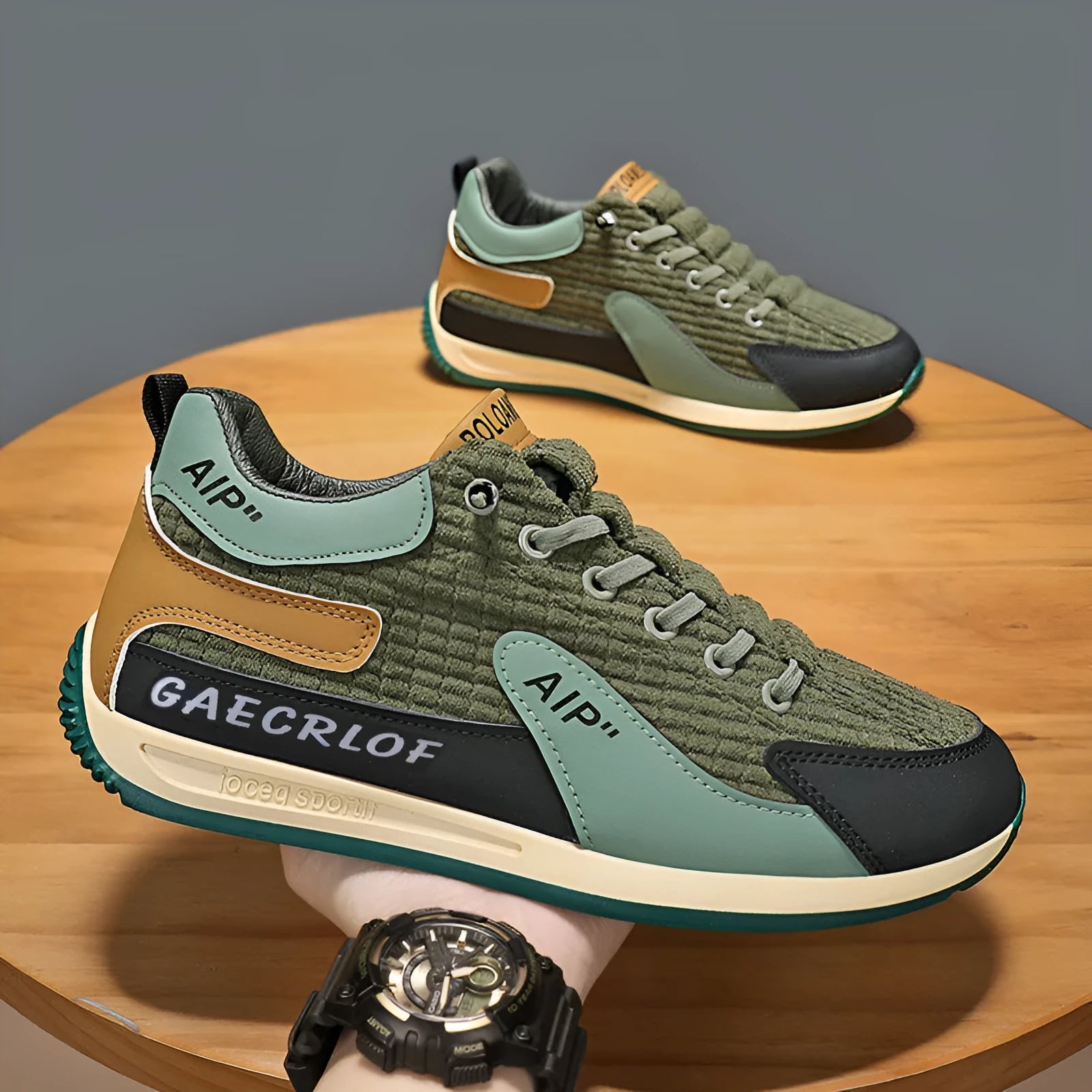Men's grey and green mesh sports trainers with lace-up front and round toe.